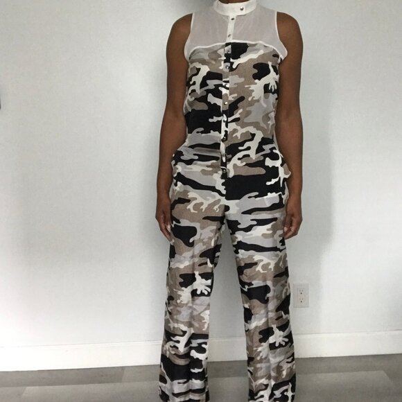 JC SE CASTELBAJAC PARIS SILK JUMPSUIT CAMO BLACK WHITE BROWN 36 - Picture 2 of 11